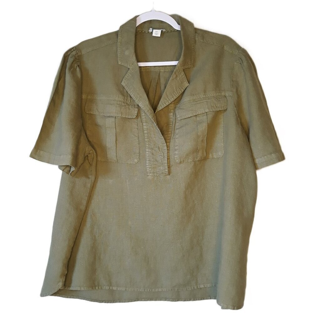 Sundance 100% Linen Top Green Utility XXL Lagenlook Clean Girl Scandi Minimalist